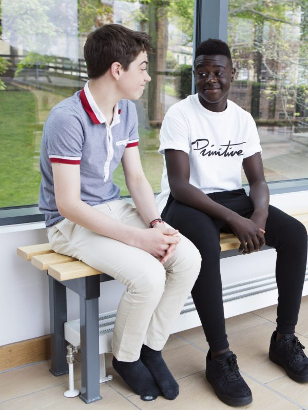 Teenage boys chatting on bench